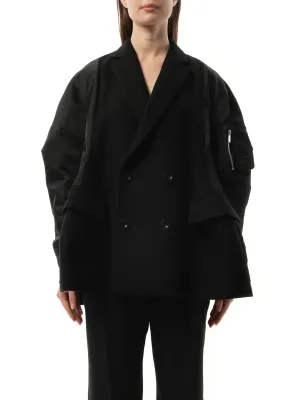 Wool Melton x Nylon Twill Quilted Coat in Black