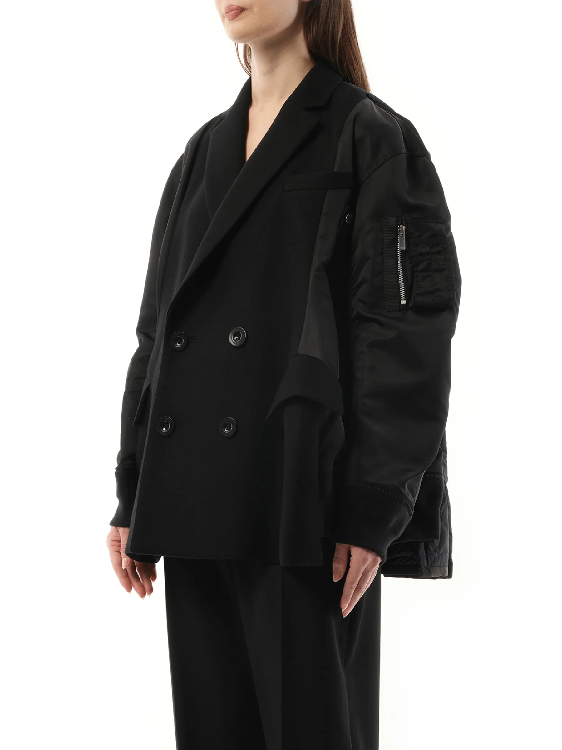 Wool Melton x Nylon Twill Quilted Coat in Black