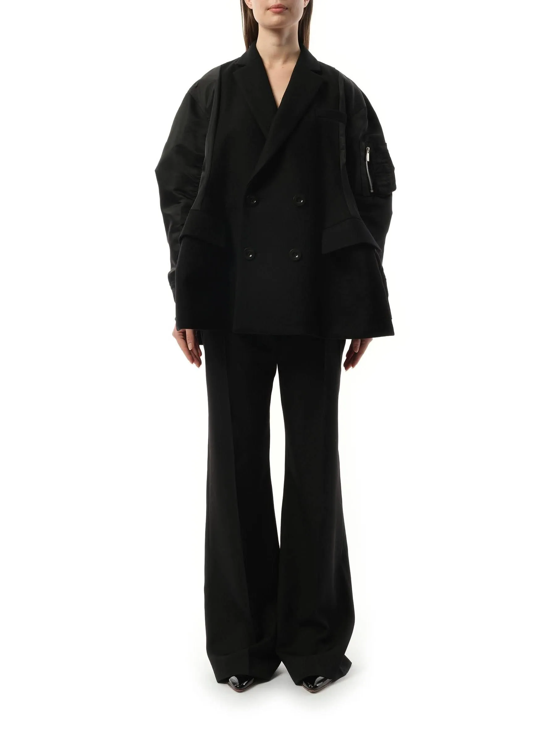 Wool Melton x Nylon Twill Quilted Coat in Black